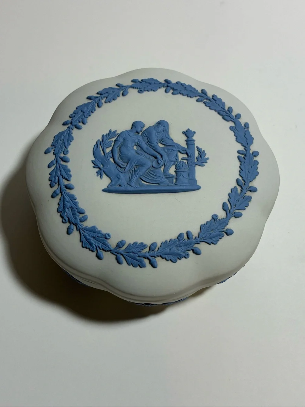 Vintage Wedgwood White & Blue Reverse Jasperware Scalloped Lidded Trinket Box